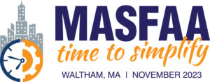 MASFAA logo time to simplify with a city and a clock image