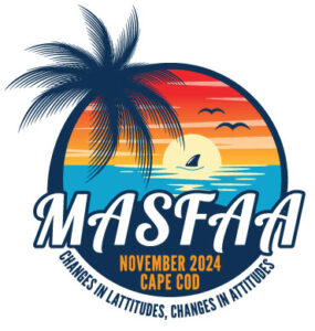 MASFAA conference logo November 2024 Cape Cod with a palm tree over a sunset and a shark fin. Theme is changes in lattitudes, changes in attitudes